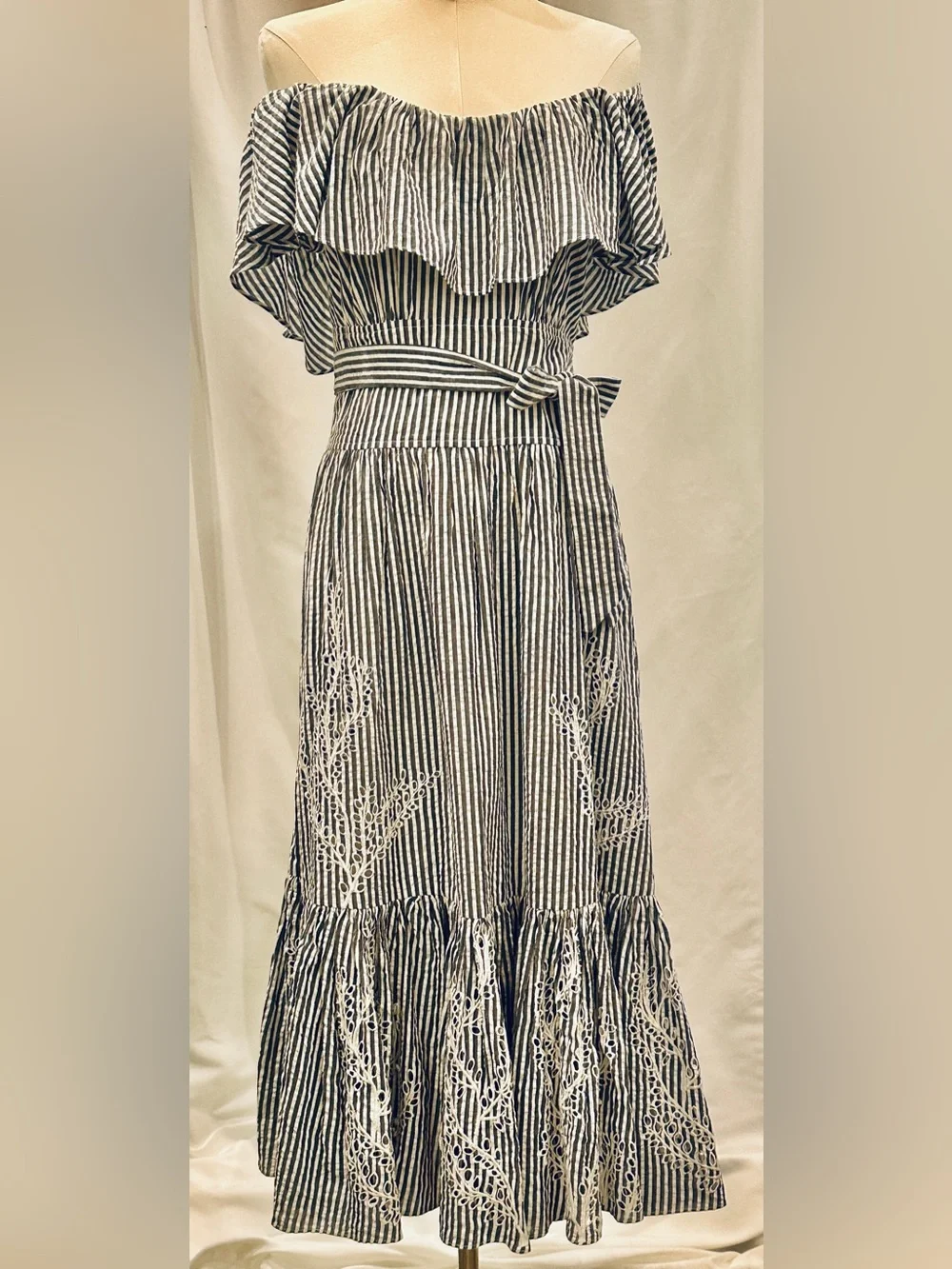Tory Burch Gray & White Embroidered Cotton Midi Dress NWOT